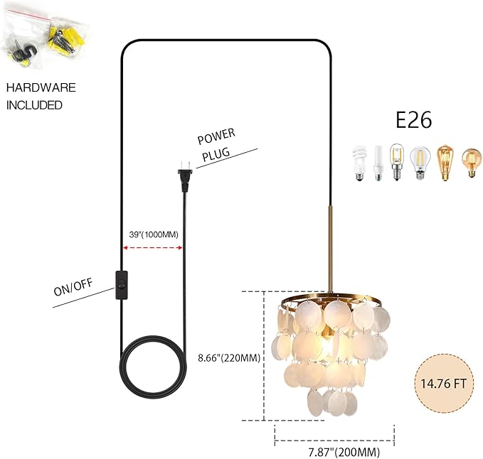 14.76ft Shells Pendant Light Fixture, 1-Light Plug in Capiz Shell Pendant Light with ON/Off Switch for Kitchen Island, Dining Room, Bedroom Room, Coastal House, Brass