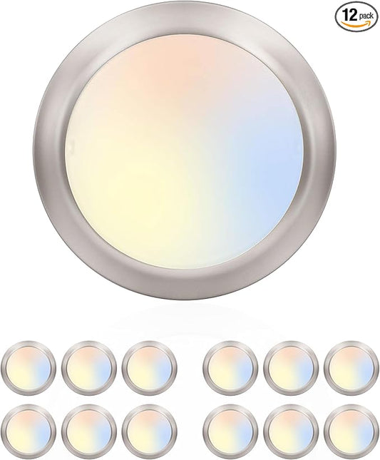 5/6 Inch Selectable CCT LED Disk Light Flush Mount, 3000K/4000K/5000K, Dimmable Recessed Retrofit Ceiling Light, CRI90, 1050lm, 15W, Installs Into Junction Box or Recessed Can, Brushed Nickel,12 Pack