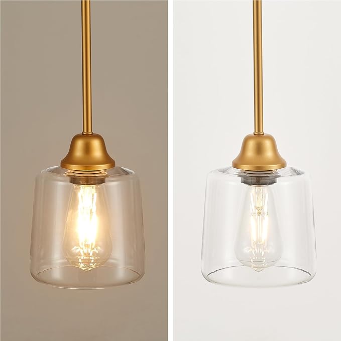 VILUXY Gold Glass Pendant Light for Kitchen Island,1 Light Hanging Pendant Lighting Fixture Clear Glass Shade Mini Modern Farmhouse Ceiling Light for Dining Room, Over Sink