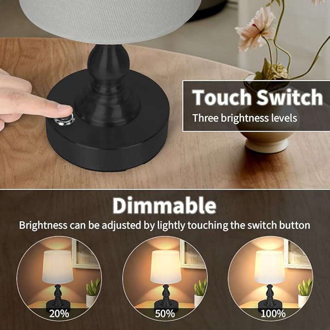 AUAUY Table Lamp for Bedroom, 5200mAh Battery Powered Touch Bedside Lamps, Rechargeable Desk Lamp Cordless, 3 Way Dimmable, Nightstand Lamps with Fabric Shade for Home Living Room Office Study, Black
