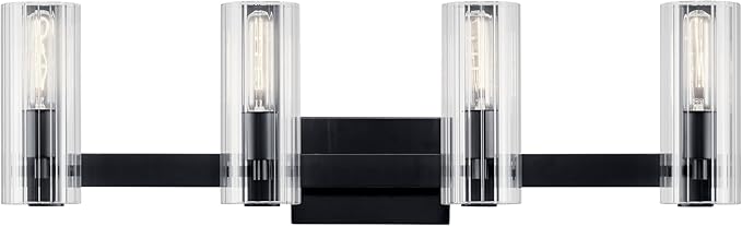 Kichler Jemsa 4-Light Bathroom Vanity Light Fixture with Clear Fluted Glass in Black, Modern Wall Mount Vanity Lighting for Bathroom Over Mirror (9.75 in x 32 in), 55169BK