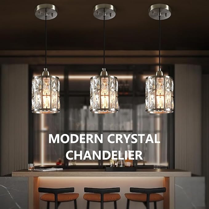 3 Pack Kitchen Ceiling Light Fixtures Crystal Hanging Pendant Lighting with Brushed Nickel Plating Finish Metal Shade for Kitchen Island Dining Room Bar Over Sink