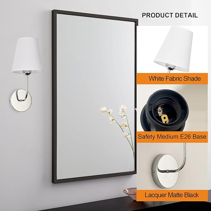 Modern Hardwired Wall Sconces, Set of 2 in Chrome with White Fabric Shades,Farmhouse Light, Living Room, Hallway, Bathroom, Vanity, or Staircase. Sleek, Versatile Lighting