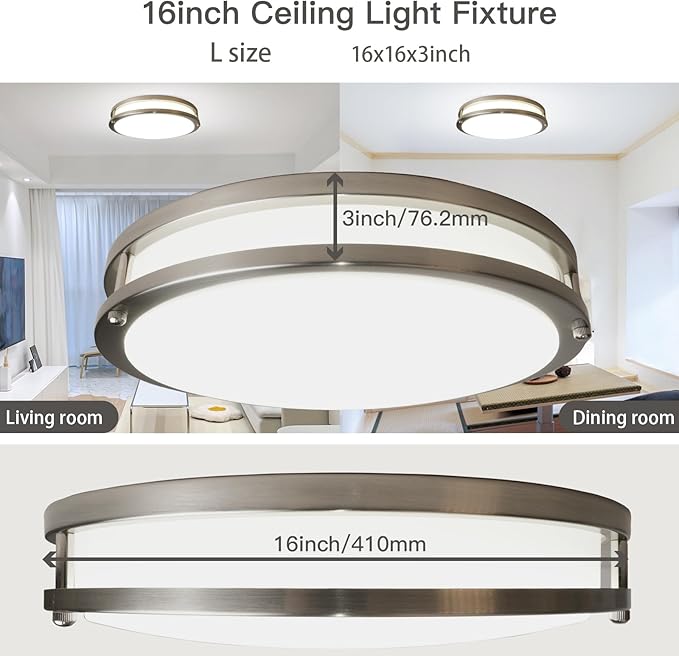 16Inch LED Flush Mount Ceiling Light Fixture 2 Pack, 48W 4800LM Ceiling Light Fixture Brushed Nickel, Dimmable Ceiling Light, 5000K Ceiling Lamp for Bedroom Kitchen, ETL Listed, No Flicker