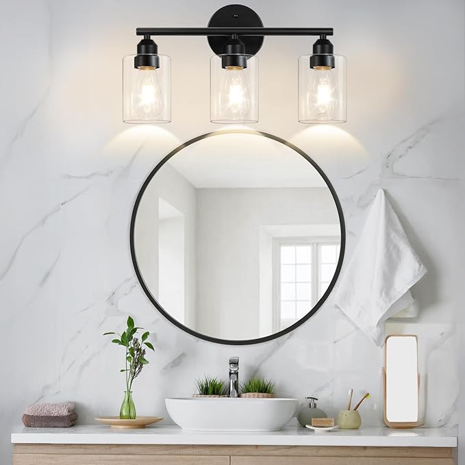 3-Light Bathroom Light Fixtures, 17.3" Black Modern Vanity Light for Bathroom Mirror, Glass Shade, Kitchen, Living Room, Bath, Metal