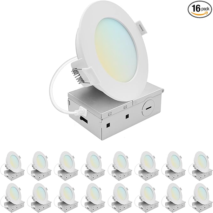 LUXRITE 4 Inch LED Recessed Light, ECO Backlit Mini Panel Spotlight, 5CCT 2700K-5000K, 1000 Lumens, High Output, 11 Watts, Dimmable, IC Rated, Wet Rated, ETL Listed, Energy Star, Round (16 Pack)