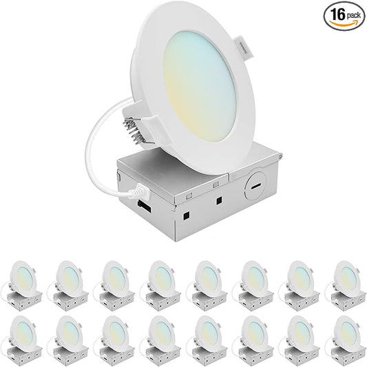LUXRITE 4 Inch LED Recessed Light, ECO Backlit Mini Panel Spotlight, 5CCT 2700K-5000K, 1000 Lumens, High Output, 11 Watts, Dimmable, IC Rated, Wet Rated, ETL Listed, Energy Star, Round (16 Pack)