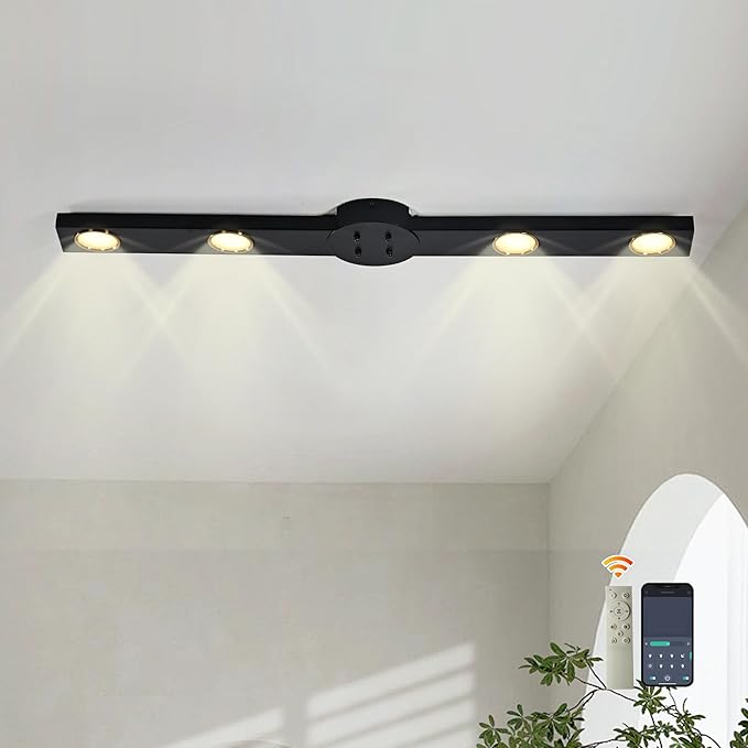 Garwarm Modern Ceiling Light Track Lighting, 31.5 Inch Dimmable LED Kitchen Ceiling Light Fixture with Remote 4-Light LED Chandelier Wall Sconce for Bedroom Dining Room Black