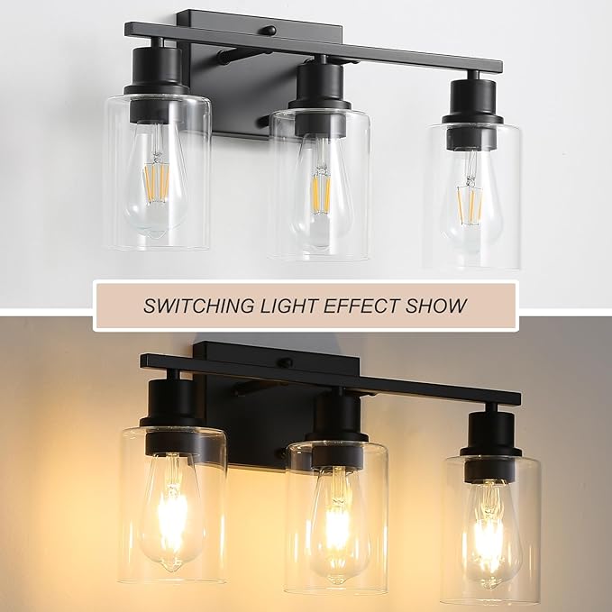 Farmhouse Vanity Light Fixtures,3-Lights Matte Black Bathroom Illumination,Matte Black Vintage Wall Sconces with Clear Glass Shades, Modern Wall Lighting for Mirror,Bedroom,Living Room