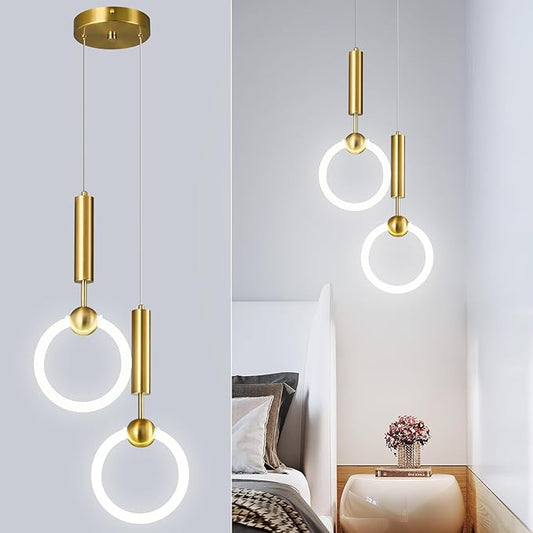 Modern LED Pendant Light Fixtures, Simplicity Gold Pendant Lighting,Circular Hanging Chandelier for Kitchen Island Dining Room Bedroom Entryway Hallway(Gold-2-Light)