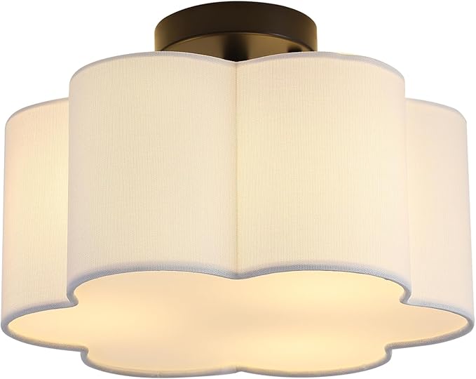 Semi Flush Mount Ceiling Light, Modern Close to Ceiling Lamp with White Flower Fabric Shade 3-Light Farmhouse Brass Ceiling Light for Nursery Bedroom Kitchen Hallway Entryway