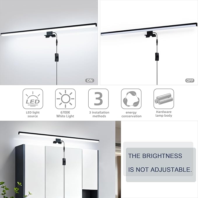 28" Plug in Bathroom Light Fixtures Matte Black Vanity Lights,11W LED Picture Light 3 Installation Methods 6600K White-Light Vanity Light Bar Wall Sconce for Bedroom/Living Room/Kitchen