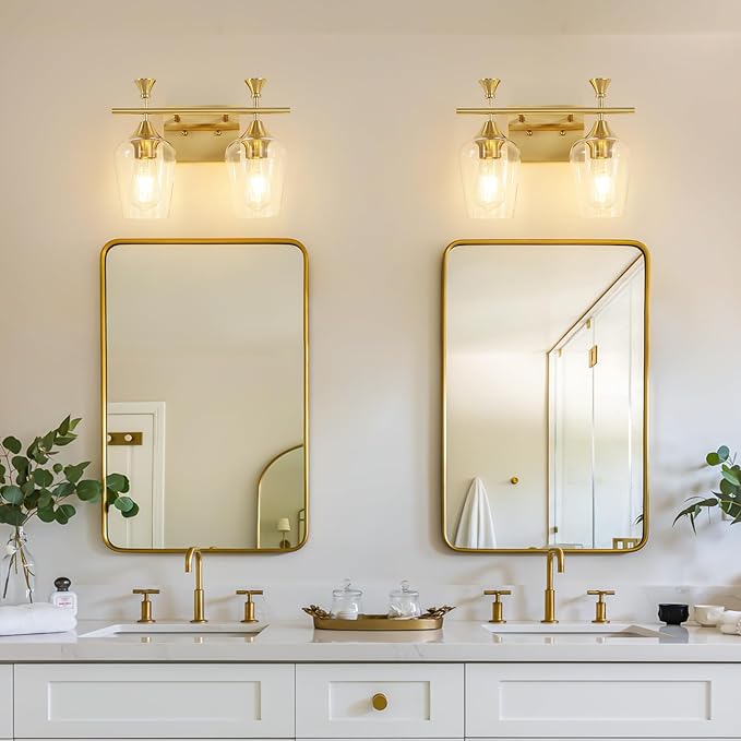 Bathroom Light Fixtures (2-Light, 14 Inch), Brushed Gold Vanity Lights for Bathroom with Clear Wine Glass Glass Shade, Modern Vanity Wall Lights for Mirror Bedroom Living Room Kitchen Hallway Porch