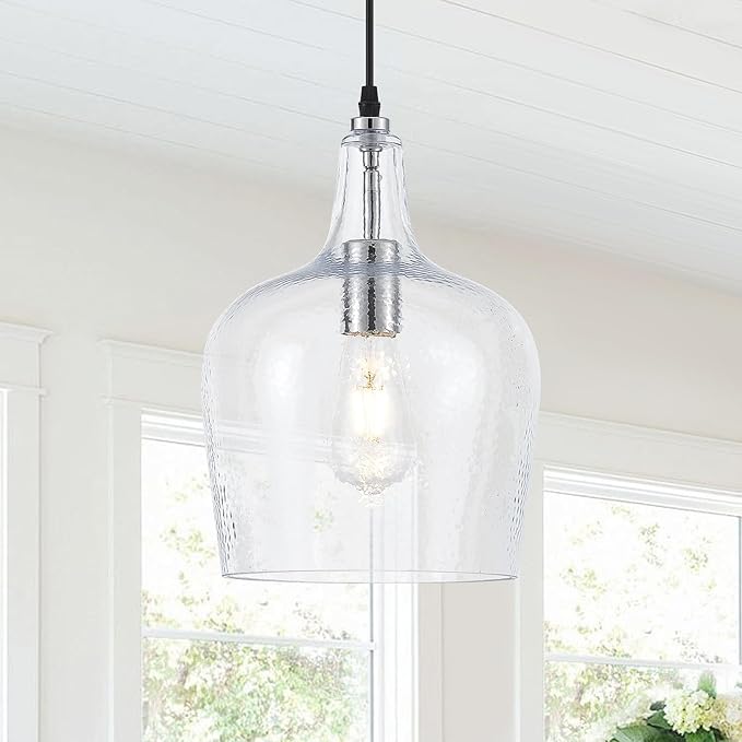 9.25”Chrome Hammered Glass Pendant Light Modern 1 Light Single Dome Pendent Lighting Fixtures for Kitchen Island Dining Room Hallway, UL Listed