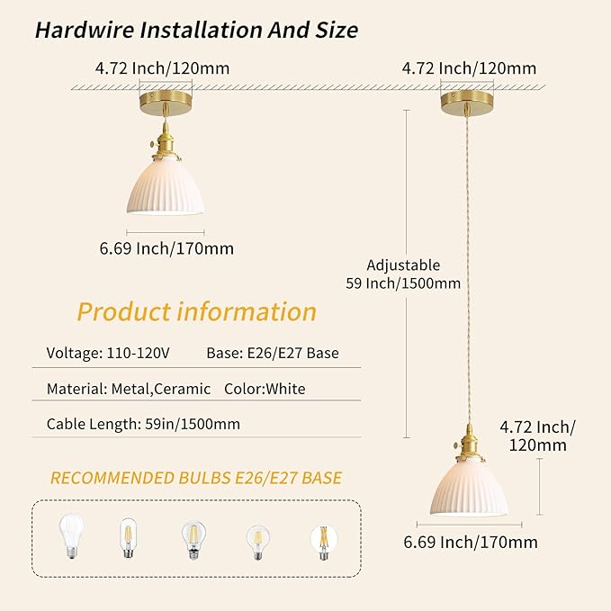 White Ceramic Pendant Lights Kitchen Island Brushed Brass Dome-Shaped Lampshade Modern Minimalist Industrial Hanging Light Fixture for Living Room Bedroom Dining Room Over Table