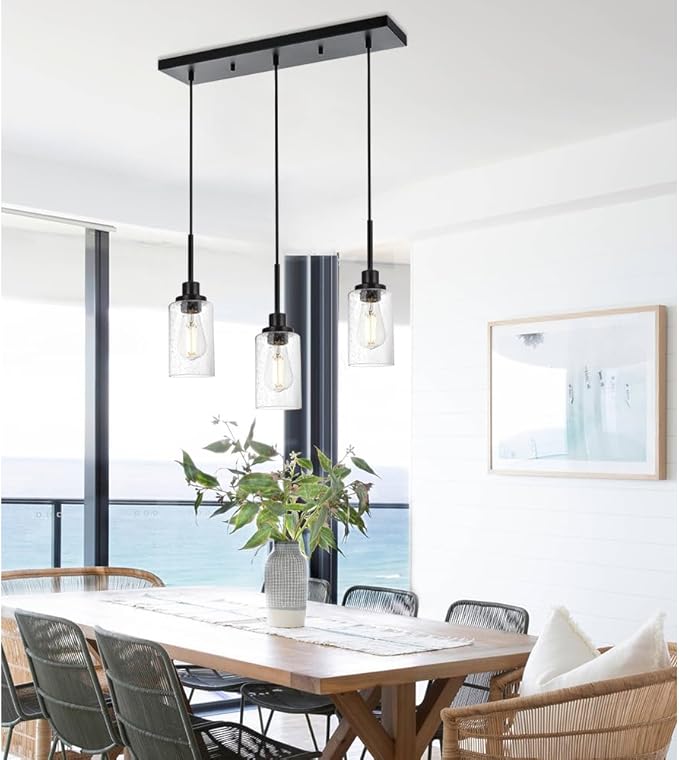 TODOLUZ Pendant Light Fixtures, 3-Lights Adjustable Modern Hanging Light with Seeded Glass, Kitchen Island Lighting for Over Table Dining Room