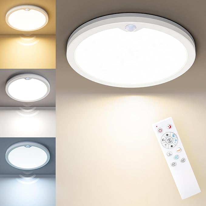Motion Sensor Ceiling Light with Remote, Night Light 2000K, 8.7 Inch Wired Flush Mount 3000K/4000K/5000K Selectable, 1800LM Dimmable Motion Sensor Light Indoor for Closet Hallway Stairs White