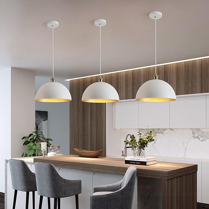 White and Gold Chandelier: 13.7 Inch Retro Farmhouse Style Dome Pendant Light for Kitchen Island, Bedroom, Dining Room, Living Room, and Corridor