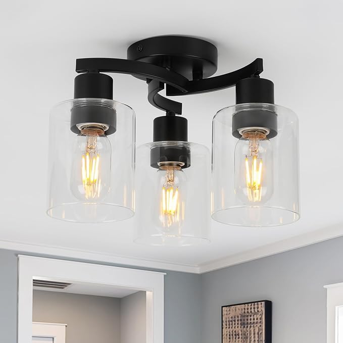 WILON Black Flush Mount Ceiling Light, Farmhouse Kitchen Lighting Fixtures Ceiling Mount, 3-Light Clear Glass Semi Flush Mount Ceiling Light Fixture for Hallway Entryway Foyer Bedroom Laundry Room