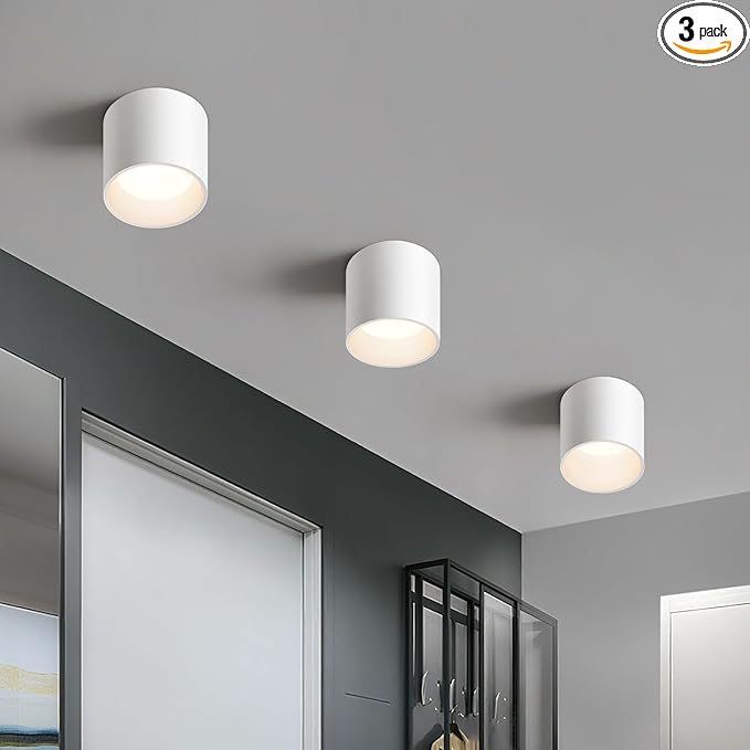 OKELI White Hallway Flush Mount Ceiling Light Fixtures for Kitchen Entryway, Modern LED Dimmable Close to Ceiling Lighting, 4.6'' Cylinder Ceiling Lamps for Dining Room Living Room, 20W 4000K 3 Pack