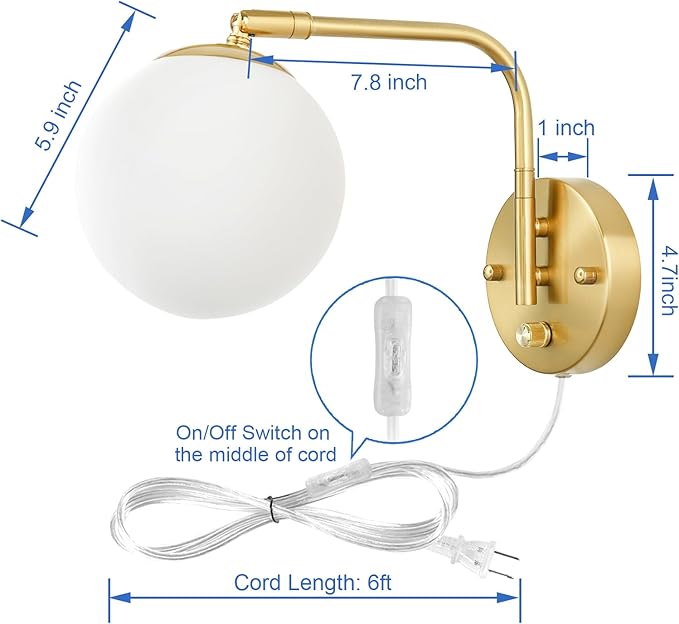 VATONI Wall Sconces Plug in, Dimmable Swing Arm Wall Lights with Plug in Cord and Dimmer On/Off Knob Switch, Dimmable Wall Light with Milky White Glass Globe Shade(1 Bulb Included)