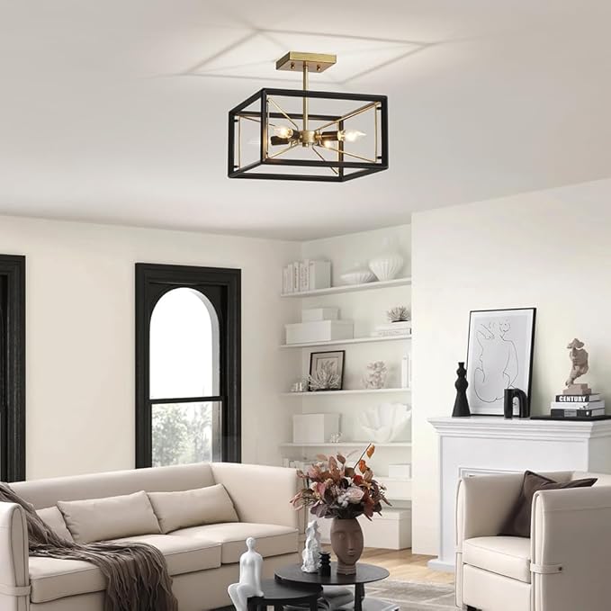 AGV LIGHTING CL046BB Modern Ceiling Light, Semi-Flushmount Close to Ceiling Light Fixture, Perfect for Living Space, L13 x W13 x H11, 4 x E12 Socket, Rustic Brass & Matte Black Finish