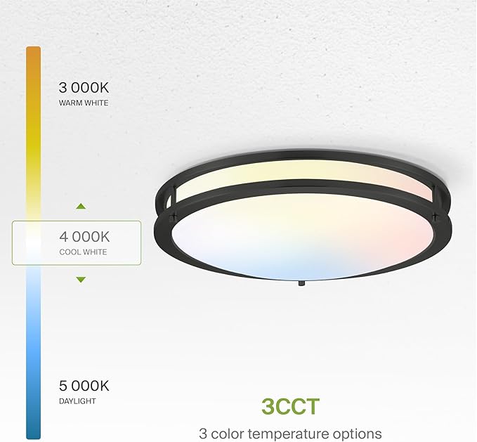 ASD LED 18" Round Flush Mount Lighting, Close to Ceiling Light Fixture | 3CCT, Dimmable, Energy Star, ETL Listed | 28W 2230LM 3000-5000K 120V | Low Profile Double Ring Lamp | Black