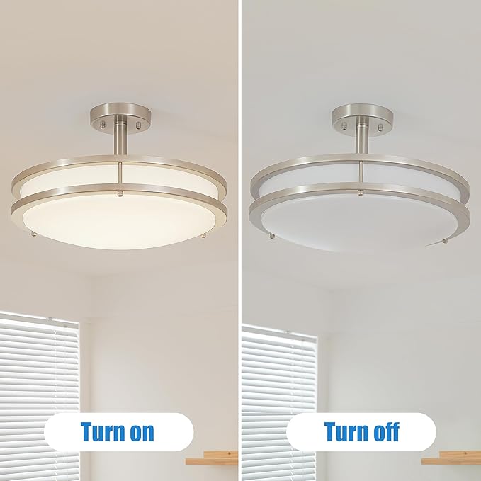 16 Inch LED Semi Flush Mount Ceiling Light, 24W Dimmable LED Ceiling Light, 1450LM Brightness, 4000K Neutral White, Brushed Nickel Lighting Fixture for Bedroom, Hallway, Kitchen, cETL Listed