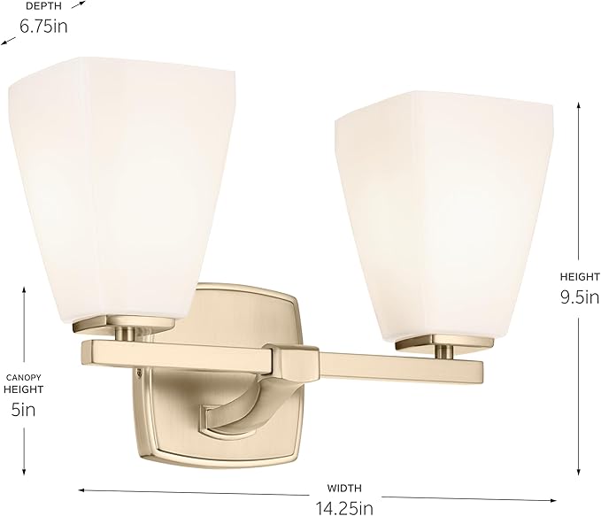 Kichler Marant 14.25" 2-Light Vanity Light Fixture with Opal Glass in Champagne Bronze for Bathroom Over Mirror, Modern Wall Mount Lighting (14.25" W x 9.5" H), 55215CPZ