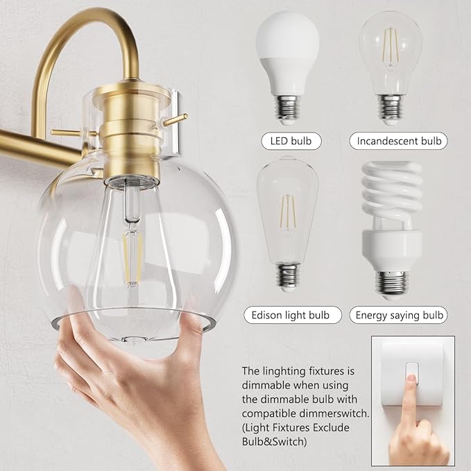 Gold Vanity Light, 3 Light Bathroom Light Fixtures, Modern Bathroom Vanity Lights Fixtures Over Mirror with Clear Globe Glass Shade, Gold Wall Sconces for Bathroom Hallway, E26 Base