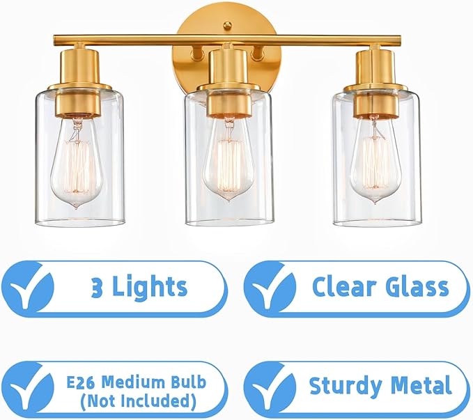 WISBEAM 3-Light Bathroom Vanity Light Over Mirror, Gold Bathroom Wall Sconce with Clear Glass Shade Including E26 Medium Base, Bulb NOT Included
