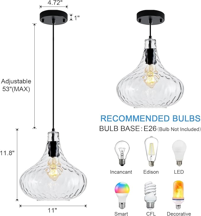11 Inch Kitchen Island Pendant Light – Blown Glass Hammered Shade & Black Finish – Modern Hanging Ceiling Light for Dining Room, Sink, Hallway, Living Room – E26 Base