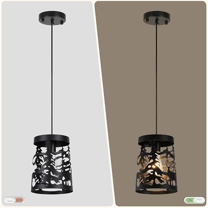 Rustic Pendant Lights with Bear and Deer Design, 1-Light Black Round E26 Base Cage Metal Fixture Adjustable Hanging Height for Kitchen Island, Hallway, Dining Room, Foyer, Bedroom
