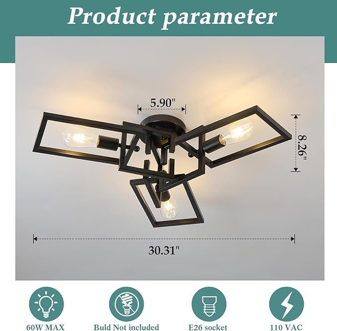 ZGLAOJT Black Industrial Flush Mount Ceiling Light 3-Light Kitchen Light Fixtures Modern Matte Sputnik Chandelier for Dining Room Bedroom Farmhouse Living Room
