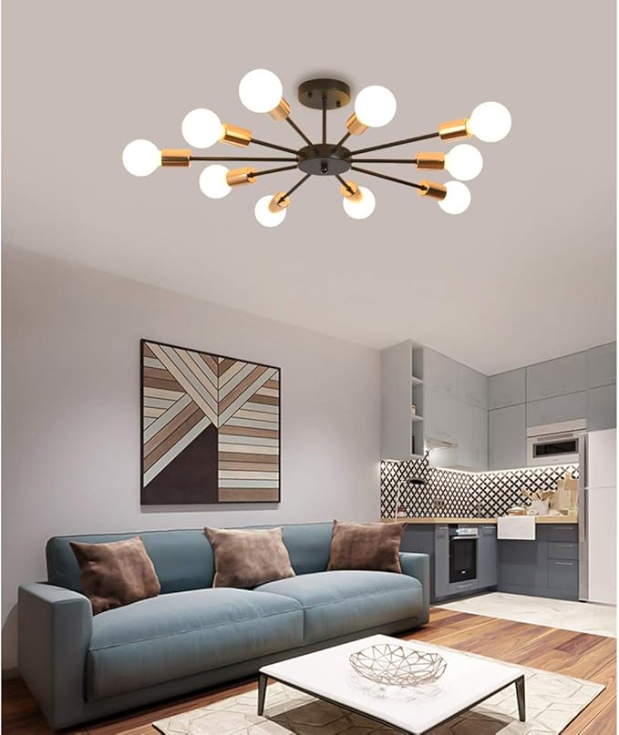 Jaycomey Semi Flush Mount Sputnik Ceiling Light,10-Light E26 Base Modern Black Sputnik Chandelier,Industrial Ceiling Lamp Fixture for Kitchen Farmhouse Living Room Dining Room