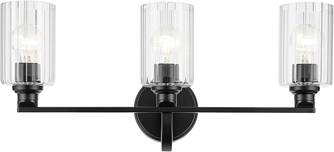 Kichler Gioe 24.25" 3-Light Bathroom Vanity Light Fixture with Clear Fluted Glass in Black, Modern Wall Mount Over Mirror for Powder Room, Damp Rated (24.25" W x 10.5" H), 55226BKFLU