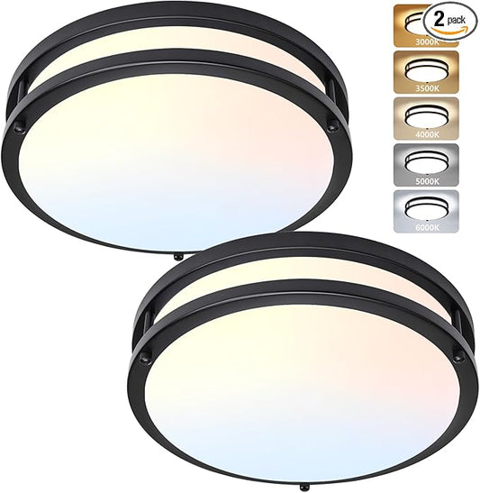 Flush Mount Ceiling Light - 2 Pack 36W 3000K/3500K/4000K/5000K/6000K Dimmable Led Ceiling Light Fixture for Kitchen Hallway Bedroom Bathroom (2, Black, 12 Inch)