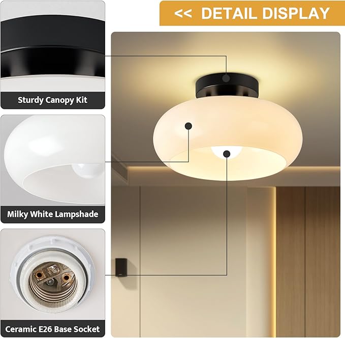 Mid-Century Modern Black Semi Flush Mount Ceiling Light,White Glass Dome Hallway Lighting Fixtures,Metal Close to Ceiling Lamp for Entryway Bathroom Kitchen Bedroom Porch Foyer Office (11 Inch)