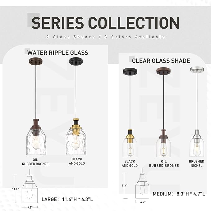 zeyu Pendant Light 2 Pack, Vintage Adjustable Hanging Light for Hallway, Haning Light Fixture Ceiling with Water Ripple Glass Shade, Black and Gold Finish, ZG33M1L-2 BK+BG-WG
