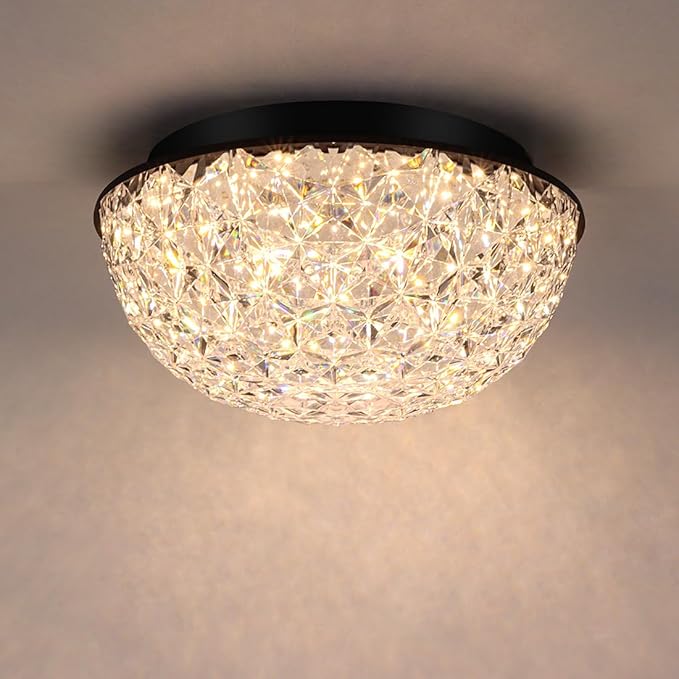 12’’ Modern Crystal Chandelier, LED Flush Mount Ceiling Light Fixture, 3/4/5000K Dimmable Ceiling Lamp for Dining Room, Entryway, Kitchen, Closet, Living Room, Bedroom, Hallway ETL Listed Black
