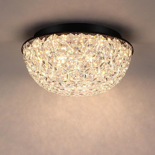 12’’ Modern Crystal Chandelier, LED Flush Mount Ceiling Light Fixture, 3/4/5000K Dimmable Ceiling Lamp for Dining Room, Entryway, Kitchen, Closet, Living Room, Bedroom, Hallway ETL Listed Black