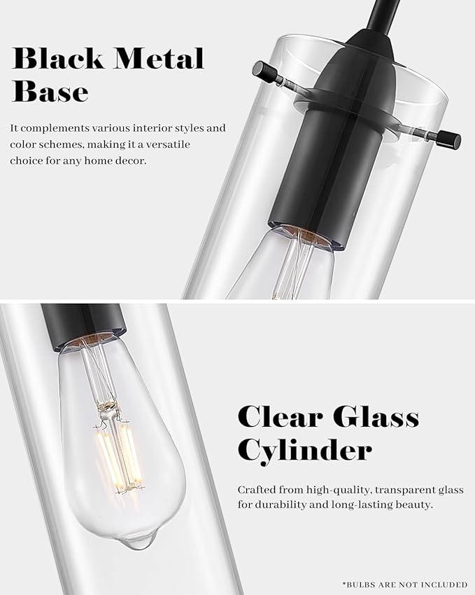 Glass Pendant Lights Kitchen Island 1 Packs, Black Pendant Light, Modern Clear Glass Pendant Light Fixture, Pendant Lights for Kitchen Island, Bedroom, Living Room, Bathroom