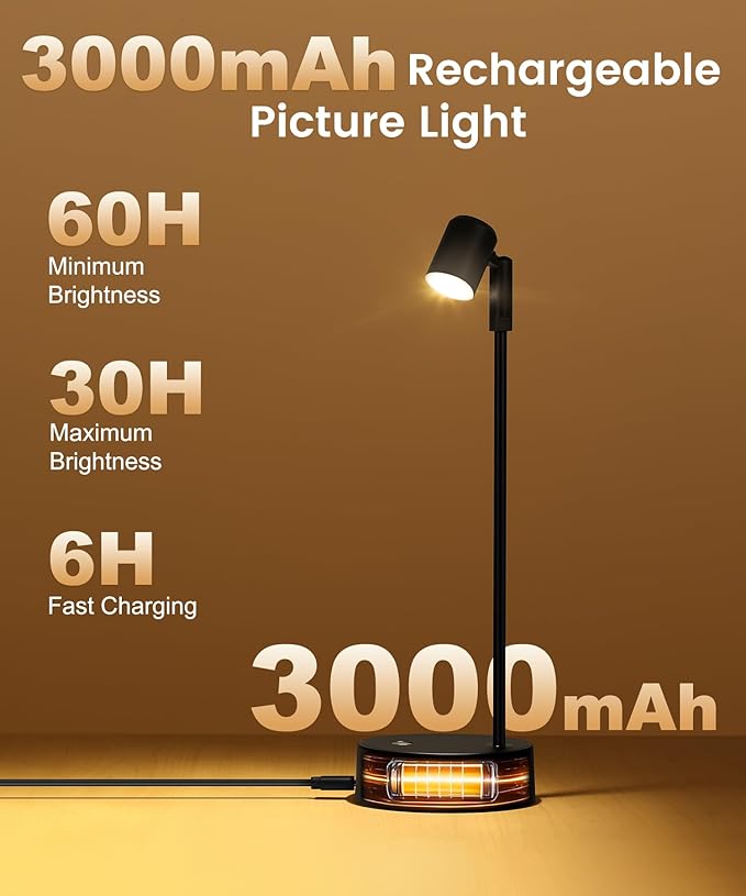 Magnetic Picture Light for Wall,Battery Operated 3 Color LED Art Lighting for Paintings, Wireless Rechargeable Dimmable Poster Lights,Remote Control Gallery Light with Timer, Black (2 Pack)