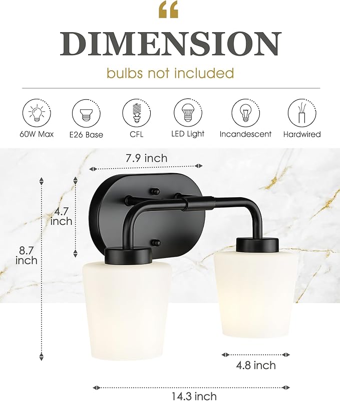 Bathroom Light Fixtures Over Mirror, 2-Light Matte Black Vanity Lighting Fixtures with Milk White Glass, Vintage Farmhouse Wall Sconces Lighting, AD-22004-2W-BK
