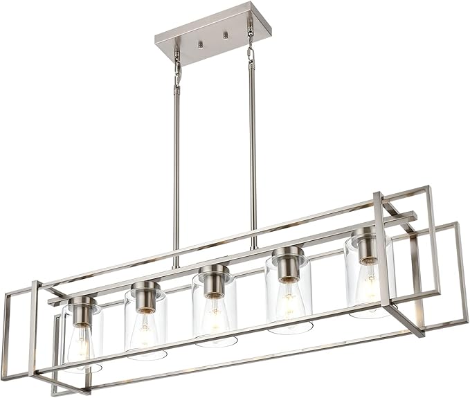 Kitchen Island Lighting Brushed Nickel Industrial 5-Light Chandeliers Farmhouse Dining Room Rectangular Pendant Light Fixtures with Clear Glass Shades