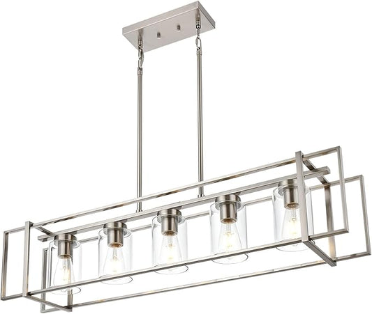 Kitchen Island Lighting Brushed Nickel Industrial 5-Light Chandeliers Farmhouse Dining Room Rectangular Pendant Light Fixtures with Clear Glass Shades