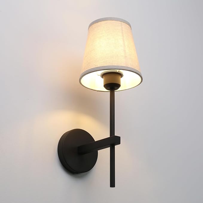 Set of 2 Vintage Wall Sconces with Linen Fabric Shade, E26 Bathroom Vanity Lights, Hardwired Indoor 1-Light Wall Mounted Lamps for Hallway Bedside Nightstand Light
