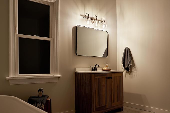 Kichler Avery 24" Vanity Bath Light in Brushed Nickel, Vintage 3-Light Bathroom Wall Mount Fixtured with Clear Seeded Glass, (24" W x 9.25" H), 45973NI