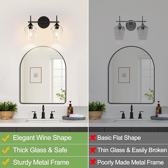 MOKATNG 2-Light Bathroom Light Fixtures, Black Vanity Lights for Bathroom with Clear Glass, Bathroom Lighting Fixtures Over Mirror, Modern Wall lamp for Cabinet Hallway