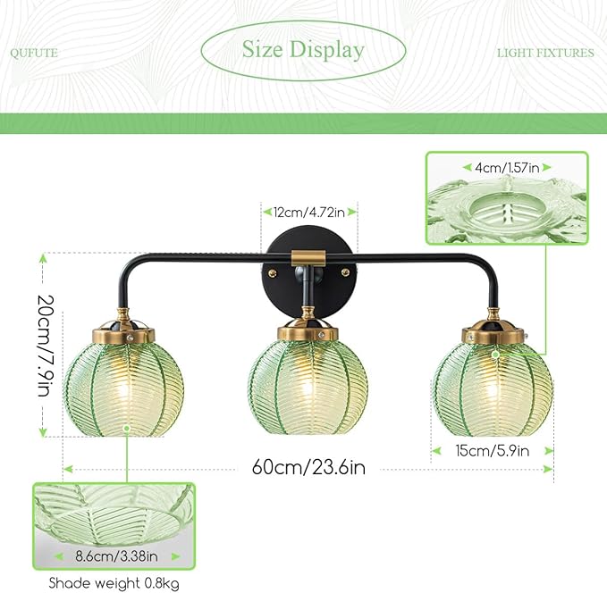 Bathroom Light Fixtures Vanity Wall 3-Light Coastal Vanity Lights Emerald Green Vintage Wall Lamp with Glass Globe Shade Modern Glass Wall Vanity Lighting for Mirror Kitchen Cabinet